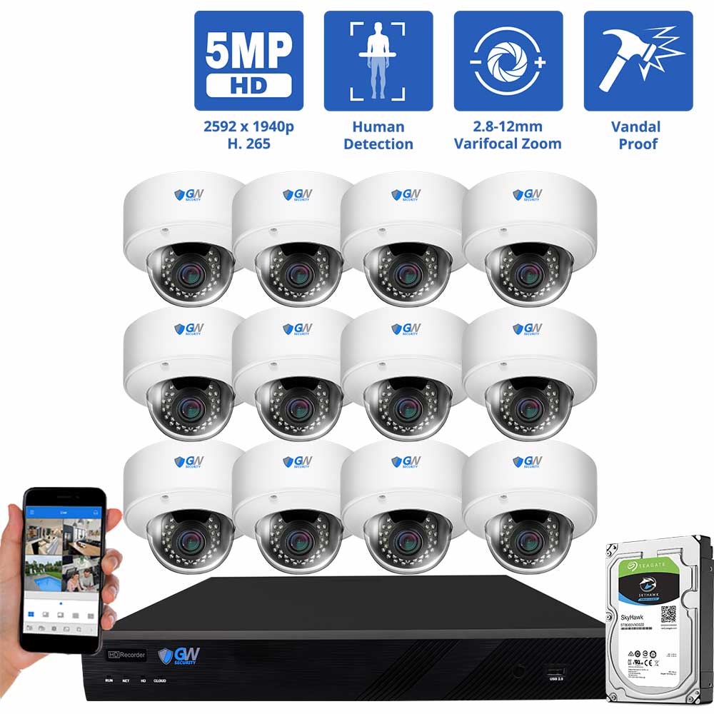 GW Security 16 Channel Security Camera System, 5MP (2592x1944p) 2.8-12 mm Varifocal Lens 4x Optical Zoom PoE IP 12 Dome Cameras &amp; 4K NVR, part of GW Security's collection of security cameras for sale