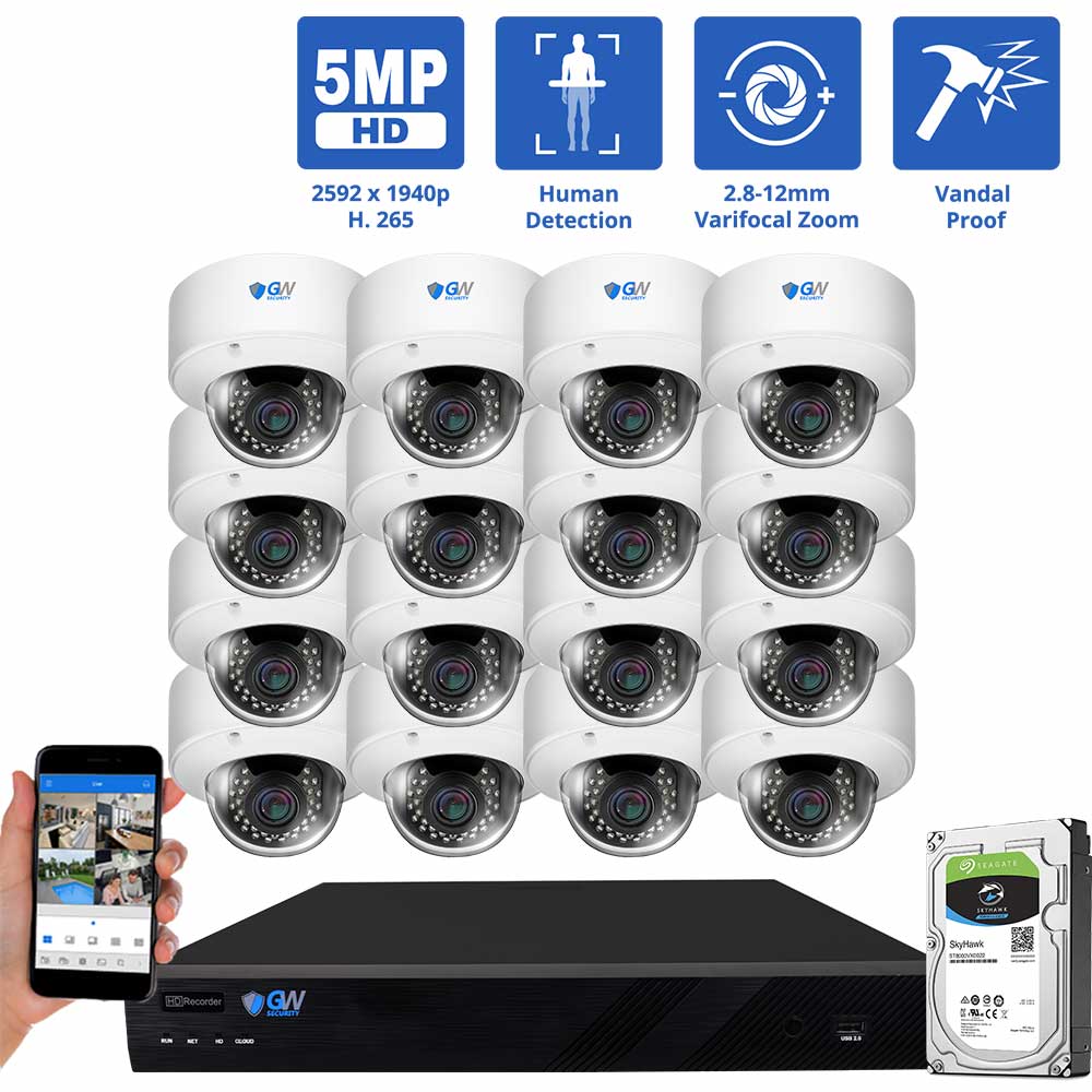 GW Security 16 Channel Security Camera System, 5MP (2592x1944p) 2.8-12 mm Varifocal Lens 4x Optical Zoom PoE IP 16 Dome Cameras &amp; 4K NVR, part of GW Security's collection of security cameras for sale