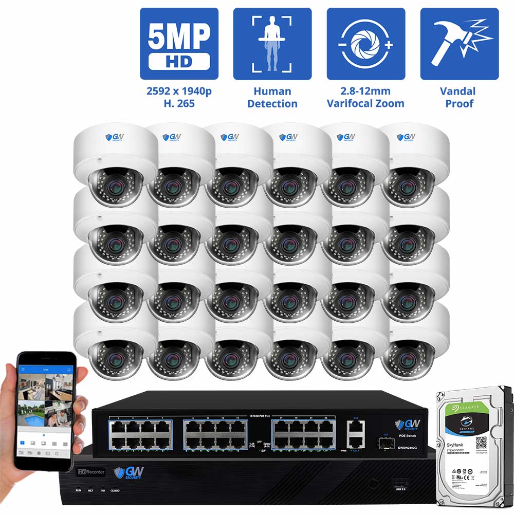 GW Security 32 Channel Security Camera System, 5MP (2592x1944p) 2.8-12 mm Varifocal Lens 4x Optical Zoom PoE IP 24 Dome Cameras &amp; 4K NVR, part of GW Security's collection of security cameras for sale