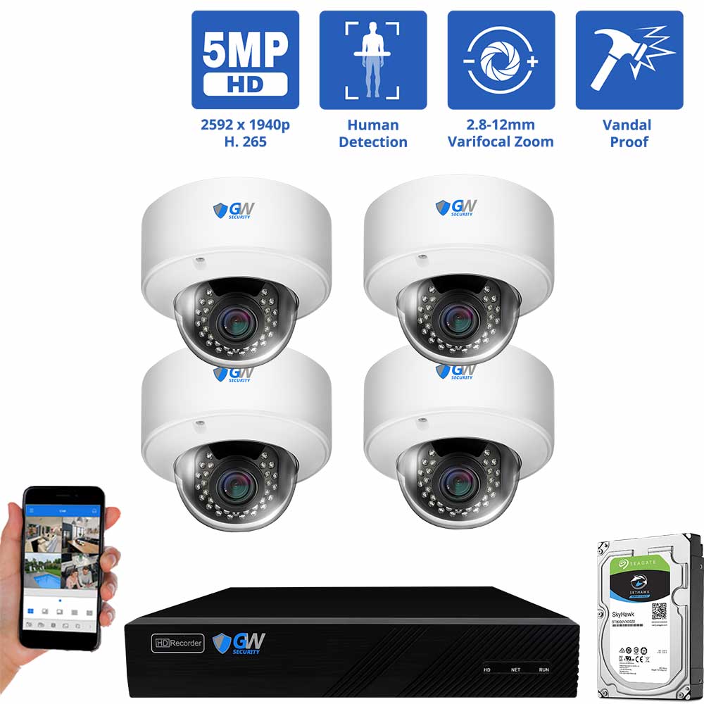 GW Security 4 Channel Security Camera System, 5MP (2592x1944p) 2.8-12 mm Varifocal Lens 4x Optical Zoom PoE IP 4 Dome Cameras &amp; 4K NVR, part of GW Security's collection of security cameras for sale