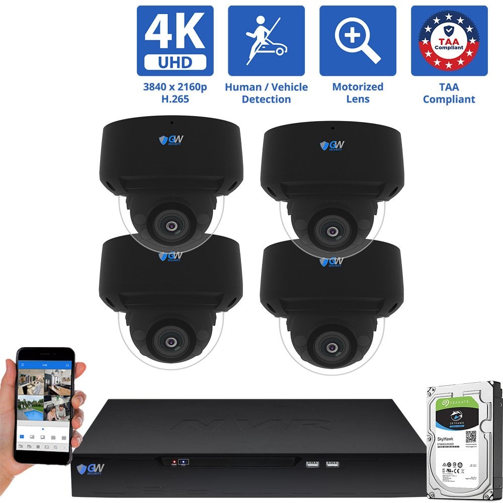 8 Channel NVR Security Camera System with 4 * 8MP 4K POE 5X Optical Zoom 2.7-13.5mm Motorized Lens Black Dome Security Camera, TAA Compliant, Human / Vehicle Detection, Smart AI Analytics, Built-In Mic