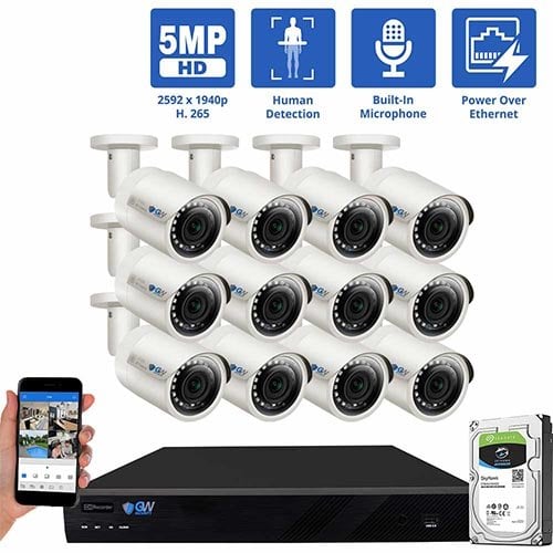 16 Channel NVR Security Camera System with 12 * 5MP IP Bullet 2.8mm Fixed Lens Camera, Human Detection, Built-In Microphone, PoE