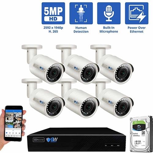 GW Security 8 Channel PoE IP Ultra-HD 5MP Security Camera System, 8ch 4K NVR with 6 x 5MP 2.8mm Fixed Lens Bullet Security Camera, part of GW Security's collection of security cameras for sale