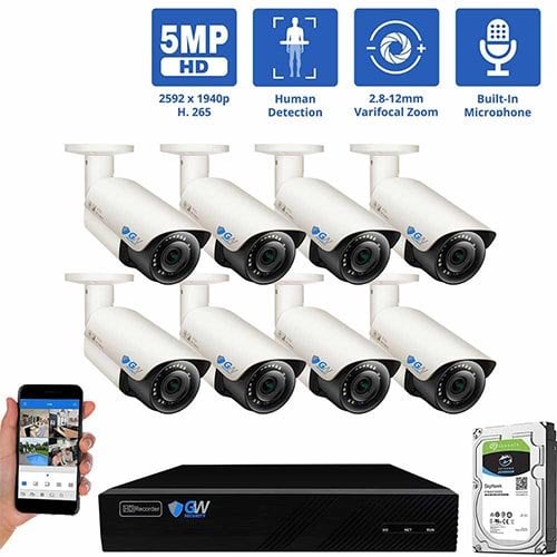 GW Security 8 Channel 5MP H.265 POE/IP Security Camera System, 8ch 4K NVR &amp; 4 × 5MP IP PoE Fixed Lens Spotlight Bullet Security Camera, Two-way Audio, Full-time Color Night Vision, part of GW Security's HD IP Security Camera Stystem collecion