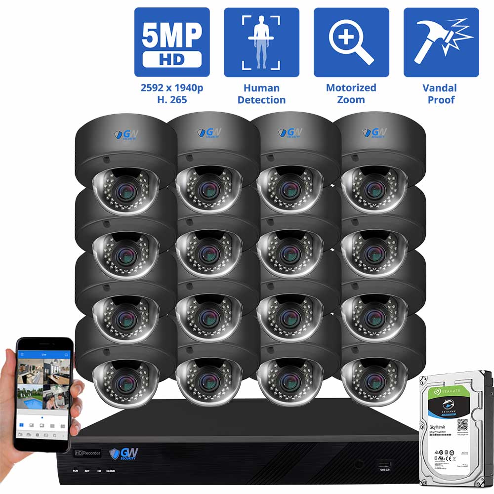 GW Security 16 Channel H.265 IP 5MP Security Camera System, 4K NVR &amp; 5MP HD 1920P Weatherproof AutoFocus 4X Optical Motorized Zoom 16 x Dome IP Security Camera