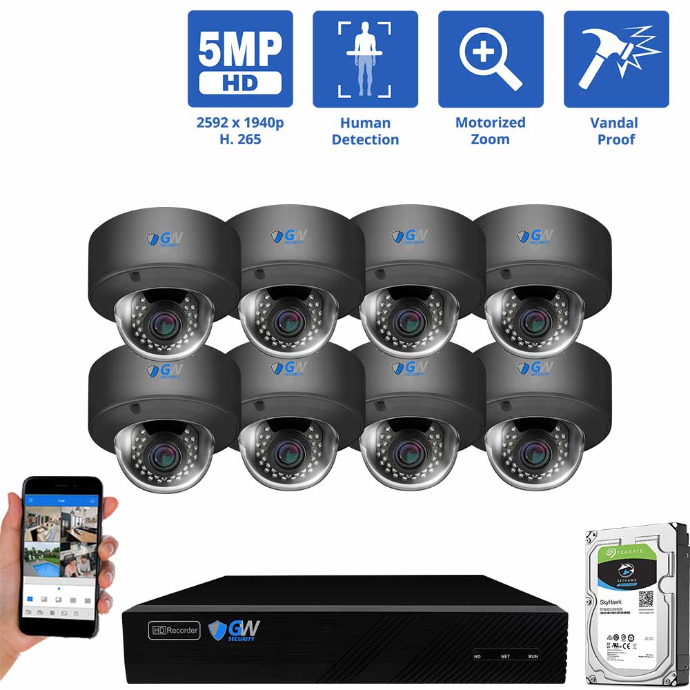 GW Security 8 Channel H.265 IP 5MP Security Camera System, 4K NVR &amp; 5MP HD 1920P Weatherproof AutoFocus 4X Optical Motorized Zoom 8 x Dome IP Security Camera