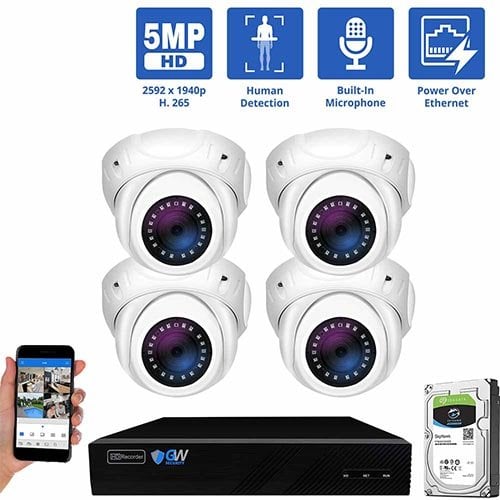 GW Security 4 Channel 5MP H.265 POE/IP Security Camera System, 8ch 4K NVR &amp; 4 × 5MP IP Turret Security Cameras, Video Surveillance System for 24/7 Recording, part of GW Security's HD IP Security Camera Stystem collecion