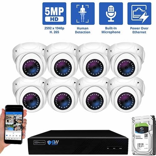GW Security 8 Channel 5MP POE/IP Security Camera System, 8ch 4K NVR & 8 × 5MP HD 1920P Weatherproof Turret Security Cameras, Video Surveillance System for 24/7 Recording, part of GW Security's HD IP Security Camera Stystem collecion