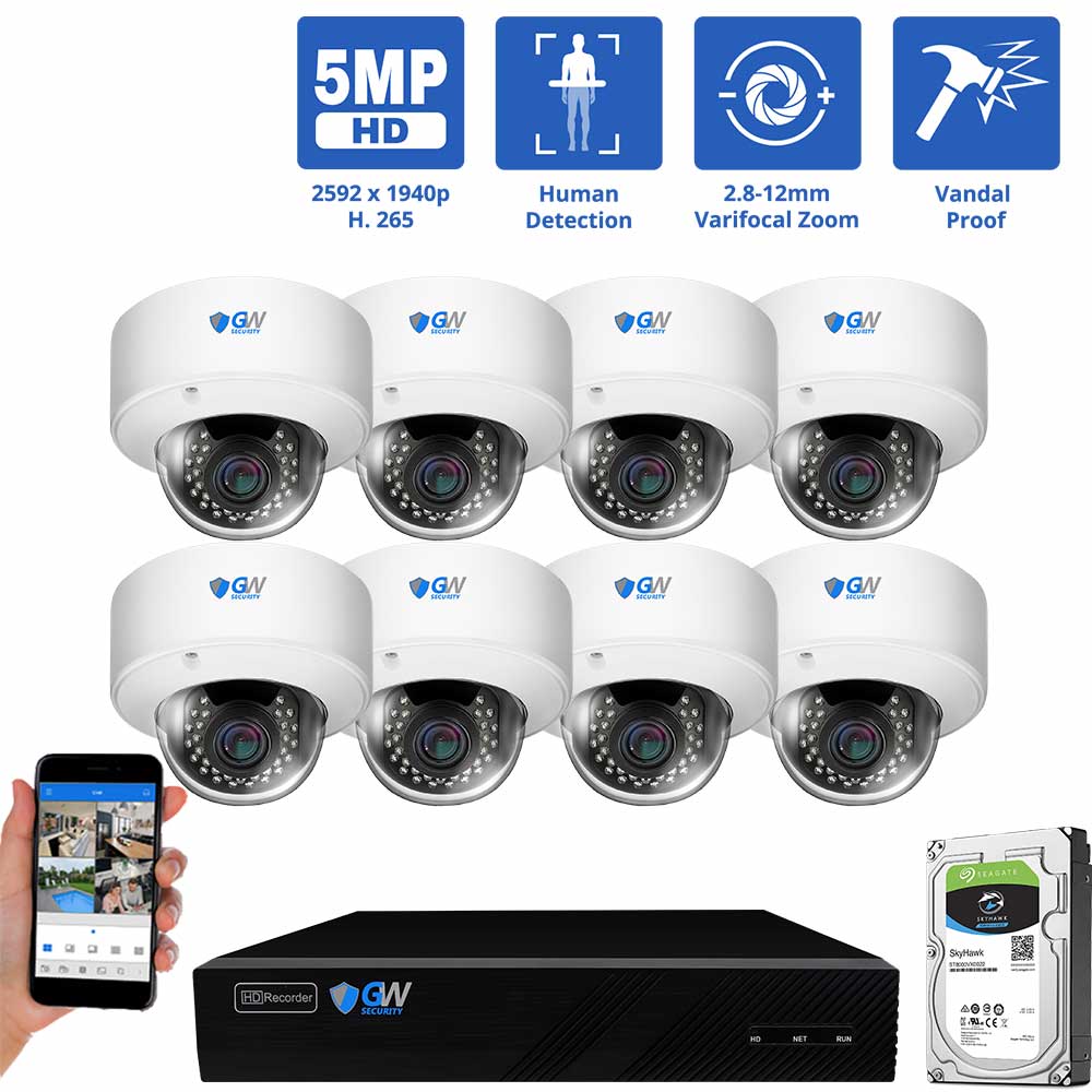 GW Security 8 Channel 5MP Security Camera System, 5MP (2592x1944p) 2.8-12 mm Varifocal Lens 4x Optical Zoom PoE IP 8 Dome Cameras &amp; 4K NVR, part of GW Security's collection of security cameras for sale